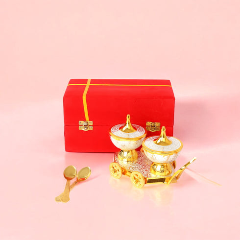 Handcrafted and Hand Embossed Premium Brass Bowl and Spoon Set with Miniature Table Trolley
